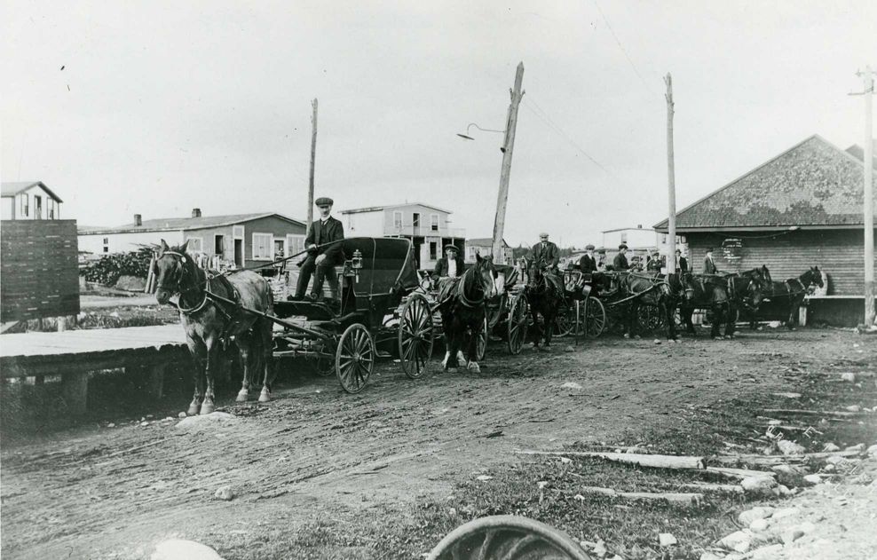 Goodyear's Horse teams at Grand Falls Station Circa 1910. The Goodyear family provided the first taxi service between the Station and the Grand Falls town site. Some of the early Businesses in Windsor Can be seen in the Background. (GFWHS)